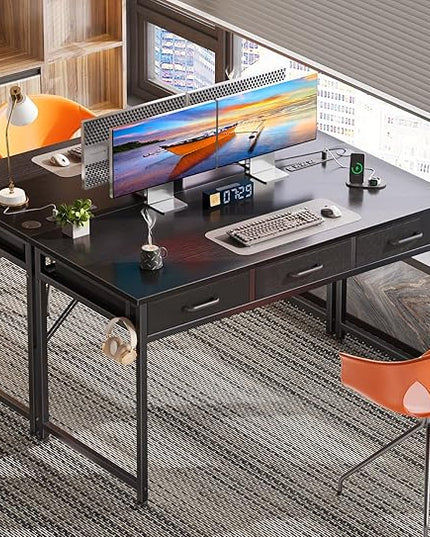 AODK 54 Inch Computer Desk with 3 Fabric Drawers, Office Desk with USB/Type-C Charging Ports & Power Outlets, Vanity Desk with Iron Hook for Bedroom, Study/Writing/Work Table for Bedroom, Black - LeafyLoom