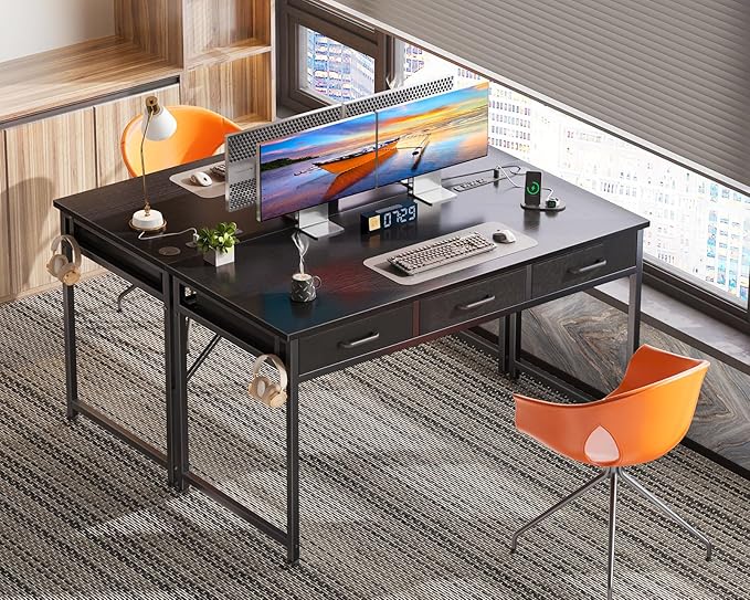 AODK 54 Inch Computer Desk with 3 Fabric Drawers, Office Desk with USB/Type-C Charging Ports & Power Outlets, Vanity Desk with Iron Hook for Bedroom, Study/Writing/Work Table for Bedroom, Black - LeafyLoom