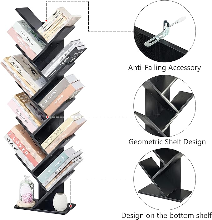 Hoctieon 10 Tier Tree Bookshelf, 10 Shelf Bookcase, Free Standing Tree Bookcase, Display Floor Standing Shelf for Books, Book Organizer Shelves for Home Office, Living Room, Bedroom, Black - LeafyLoom