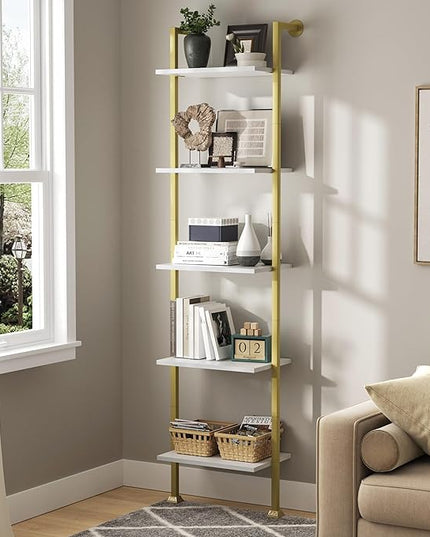 Axeman 5-Tier Ladder Bookcase, Tall Narrow Bookshelf for Small Spaces, Modern Book Storage Organizer Case Open Shelves for Living Room, Bedroom，Office, Library, Gold and White - LeafyLoom