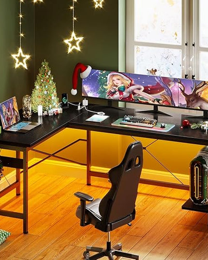 Coleshome 59" L Shaped Gaming Desk with Outlet, L Shaped Desk with CPU Stand, Corner Computer Desk, Home Office Desk, Writing Desk, Black - LeafyLoom