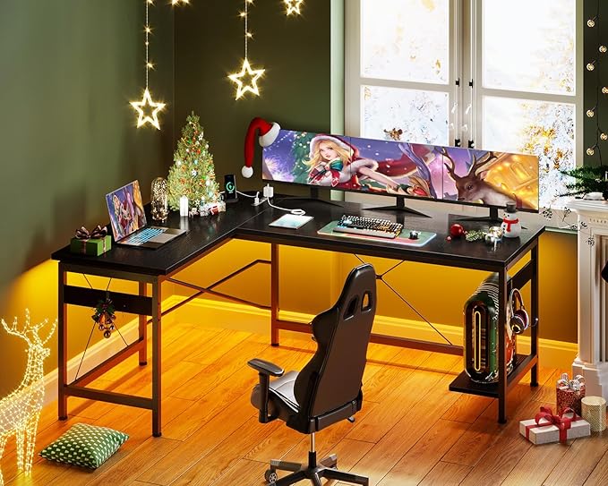 Coleshome 59" L Shaped Gaming Desk with Outlet, L Shaped Desk with CPU Stand, Corner Computer Desk, Home Office Desk, Writing Desk, Black - LeafyLoom