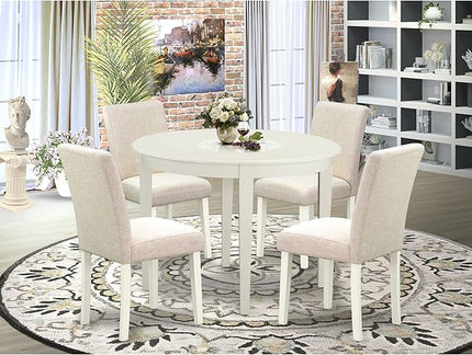 East West Furniture BOAB5-LWH-02 Boston 5 Piece Set Includes a Round Kitchen Table and 4 Light Beige Fabric Parsons Dining Chairs, Linen White, 42x42 Inch - LeafyLoom