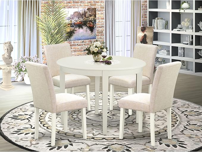 East West Furniture BOAB5-LWH-02 Boston 5 Piece Set Includes a Round Kitchen Table and 4 Light Beige Fabric Parsons Dining Chairs, Linen White, 42x42 Inch - LeafyLoom