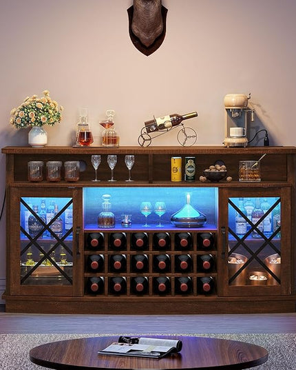 DWVO Wine Bar Cabinet with LED Light, 58'' Large Wine Cabinet w/Storage, Tempered Glass Doors, Adjustable Shelf, 32'' Tall Coffee Bar for Living Room, Dining Room, Rustic Brown - LeafyLoom