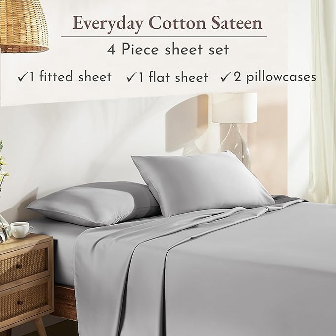 California Design Den Soft 100% Cotton Sheets Full Size Bed Sheet Set with Deep Pockets, 4 Piece Full Size Sheet Sets with Sateen Weave, Cooling Sheets (Light Grey) - LeafyLoom
