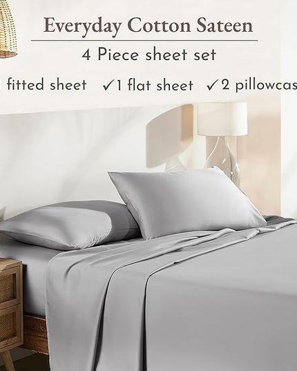 California Design Den Soft Cooling Sheets, 100% Cotton Sheets King Size Bed Sheets Set with Deep Pockets, 4 Piece Bedding & Pillowcases Set for Light Grey Sheets, King Sheets Set with Sateen Weave - LeafyLoom