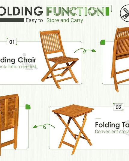 Greesum 3 Piece Patio Folding Furniture Bistro Set with 2 cushions for Pool Beach Backyard Balcony Porch Deck Garden, Acacia Wood - LeafyLoom