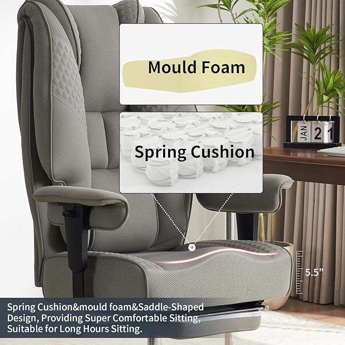 Big and Tall Office Chair 400lbs Wide Seat, Mesh High Back Executive Office Chair with Foot Rest, Ergonomic Office Chair Lumbar Support for Lower Back Pain Relief (Mesh Light Grey) - LeafyLoom