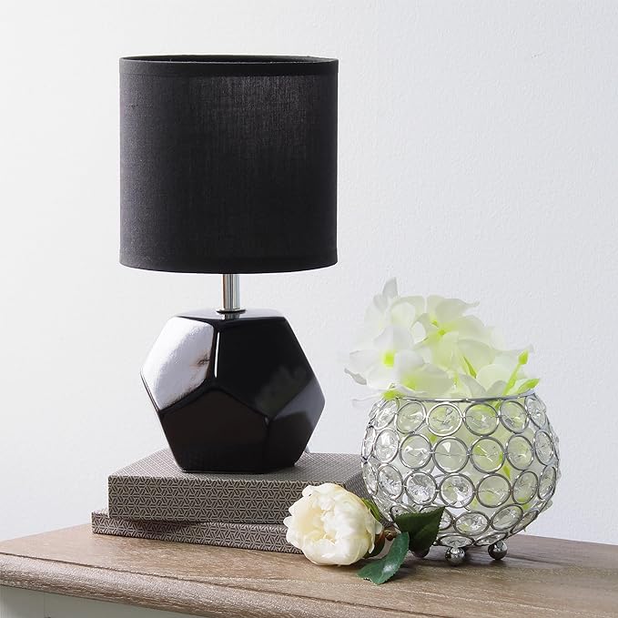 Simple Designs LT2065-WHT Round Prism Mini Table Lamp with Matching Fabric Shade, White - LeafyLoom