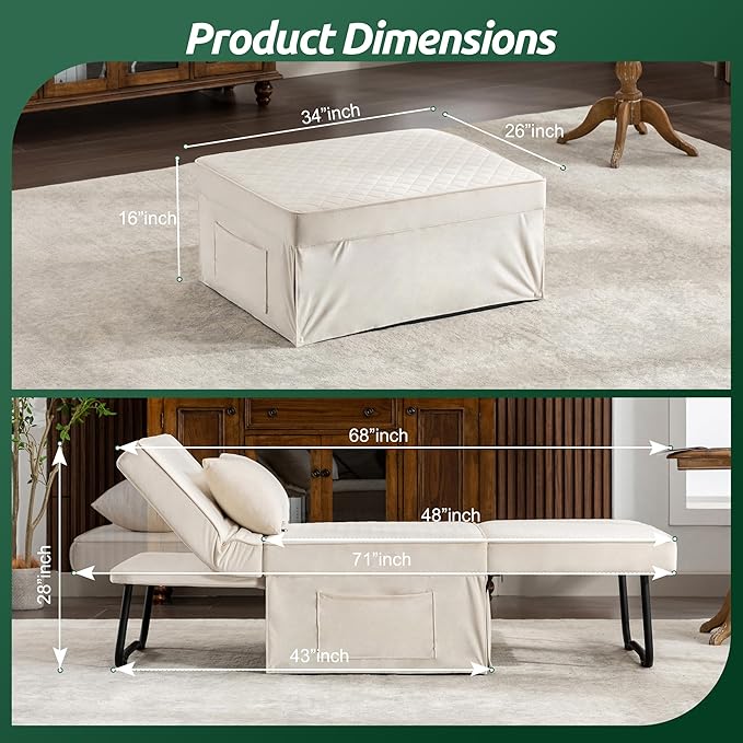 Sofa Bed, 4 in 1 Multi-Function Folding Ottoman Breathable Velvet Couch Bed with Adjustable Backrest Modern Convertible Chair for Living Room Apartment Office,Squared-White - LeafyLoom