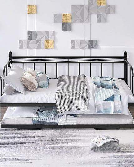 Full Daybed with Trundle Bed Twin, Metal Day Bed Frame with Pop Up Trundle, Metal Sofa Bed with Portable Folding Trundle for Bedroom, Living Room, Guest Room, Home, No Box Spring Needed, Black - LeafyLoom