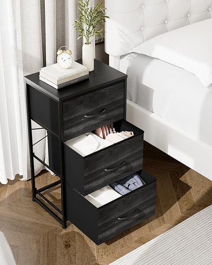 Nicehill Nightstand, Dresser with 3 Drawers, Bedside Table Chest of Drawers, Small Dresser for Bedroom, Kids' Room, Closet, Kids Dresser with Wooden Top Steel Frame, Modern, Black Wood Grain - LeafyLoom