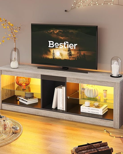 Bestier RGB TV Stand for 65+ Gaming Entertainment Center Gaming LED TV Media Console Table with 2 Glass Shelf PS Gaming TV Cabinet for Living Room,Retro Gray - LeafyLoom