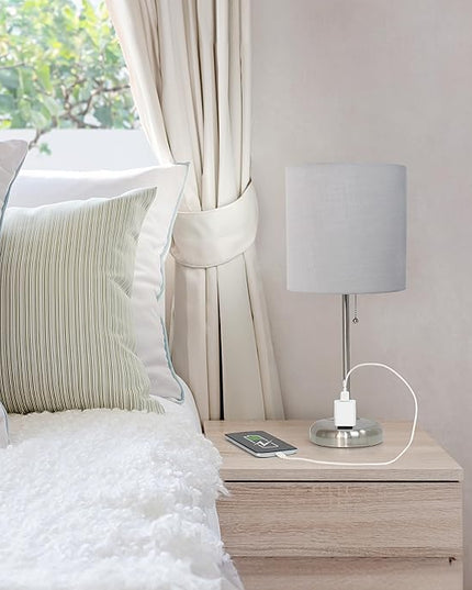 Simple Designs LT1144-GRY Sleek and Slender Brushed Steel Table Lamp with Charging Outlet, for Bedroom, Living Room, Entryway, Office, Dining Room, Study, Gray Shade - LeafyLoom