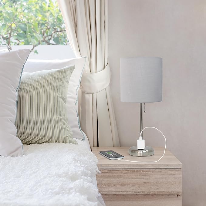 Simple Designs LT1144-GRY Sleek and Slender Brushed Steel Table Lamp with Charging Outlet, for Bedroom, Living Room, Entryway, Office, Dining Room, Study, Gray Shade - LeafyLoom