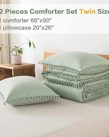 Litanika Comforter Twin Size Set Sage Green, 2 Pieces Sage Green Boho Pom Pom Lightweight Bed Comforter, All Season Solid Color Bedding Comforter Sets (1 Comforter 66x90 Inch, 1 Pillowcase) - LeafyLoom