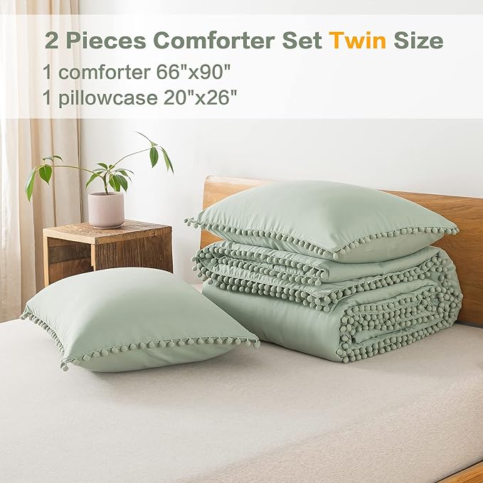 Litanika Comforter Twin Size Set Sage Green, 2 Pieces Sage Green Boho Pom Pom Lightweight Bed Comforter, All Season Solid Color Bedding Comforter Sets (1 Comforter 66x90 Inch, 1 Pillowcase) - LeafyLoom
