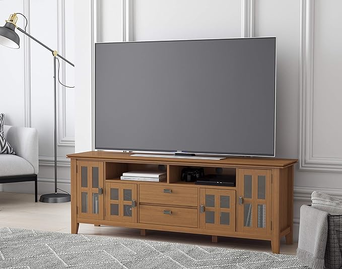 SIMPLIHOME Artisan SOLID WOOD Universal TV Media Stand, 72 inch Wide, Transitional, Living Room Entertainment Center, Storage Cabinet, for Flat Screen TVs up to 80 inches in Honey Brown - LeafyLoom