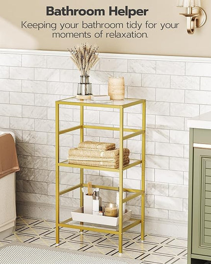 HOOBRO 3-Tier Bookcase, Tempered Glass Bookshelves, Record Storage Rack with Side Fence, Storage Shelves for Bathroom, Slim Shelving Unit for for Living Room, Home Office, Gold GD81CJ01 - LeafyLoom