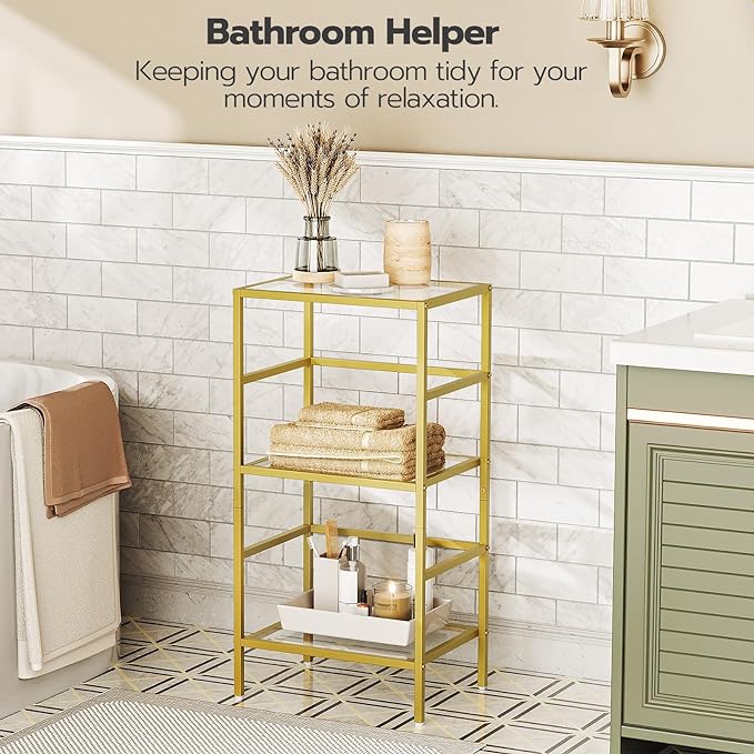 HOOBRO 3-Tier Bookcase, Tempered Glass Bookshelves, Record Storage Rack with Side Fence, Storage Shelves for Bathroom, Slim Shelving Unit for for Living Room, Home Office, Gold GD81CJ01 - LeafyLoom