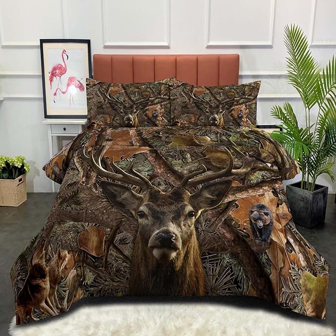 NINENINE Deer Bedding Sets Full Size for Boys Adult Teens Western Woodland Camo Comforter Moose Wildlife Forest Bedding,Bear Animals Hunting Bed Sets with 1 Comforter 2 Pillowcases - LeafyLoom