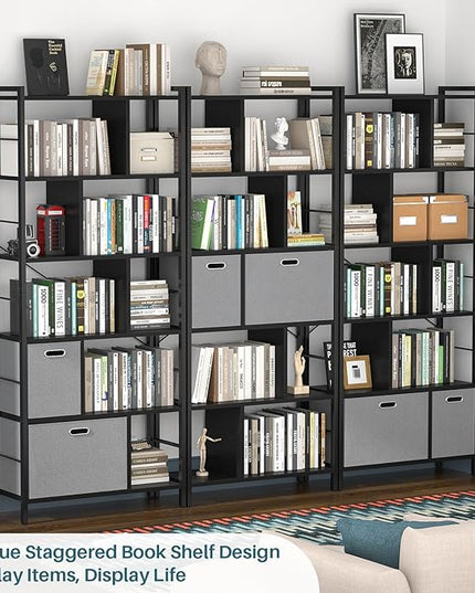 armocity 74 Inch Tall Bookshelf, 6 Tier Bookcase with Drawers, Modern Book Shelf Display Standing Shelf Units with Storage, Wood and Metal Bookshelves for Living Room, Bedroom, Home Office, Black - LeafyLoom