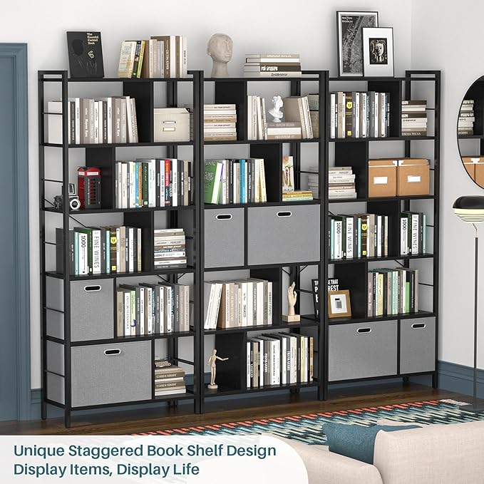 armocity 74 Inch Tall Bookshelf, 6 Tier Bookcase with Drawers, Modern Book Shelf Display Standing Shelf Units with Storage, Wood and Metal Bookshelves for Living Room, Bedroom, Home Office, Black - LeafyLoom