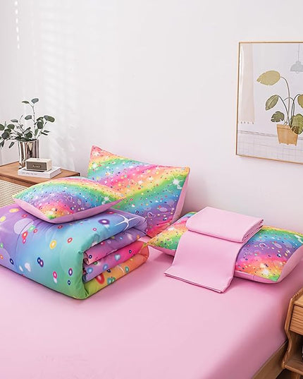 Full Size Comforter Sets for Girls, Kids Bedding Sets for Girls, Rainbow Comforter Full, 6 Pcs Bed in a Bag Girls (1Comforter, 1Flat Sheet, 1Fitted Sheet, 1 Pillow Cover, 2Pillowcases) - LeafyLoom