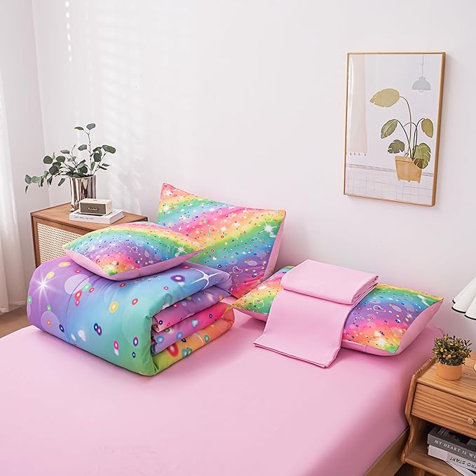 Full Size Comforter Sets for Girls, Kids Bedding Sets for Girls, Rainbow Comforter Full, 6 Pcs Bed in a Bag Girls (1Comforter, 1Flat Sheet, 1Fitted Sheet, 1 Pillow Cover, 2Pillowcases) - LeafyLoom