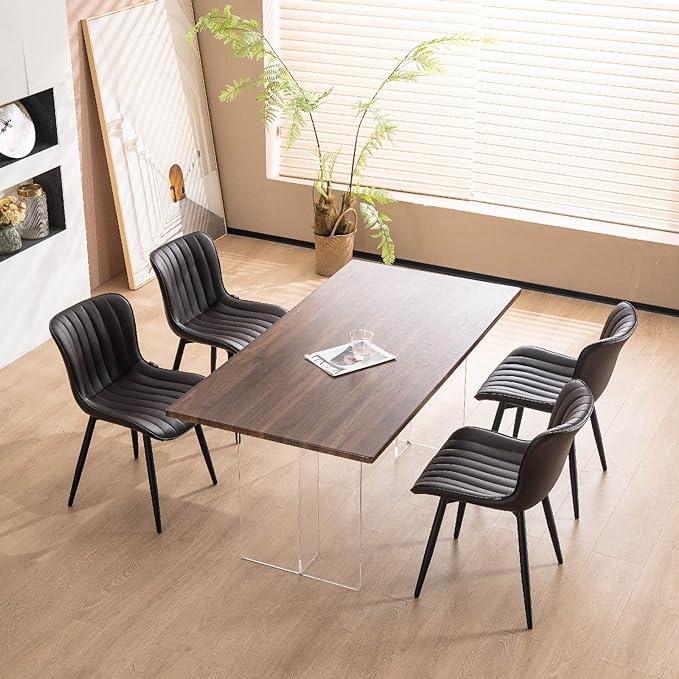 YOUNUOKE Brown Dining Chairs Set of 2 Upholstered Mid Century Modern Kitchen Chairs Armless Faux Leather Accent Guest Side Chair with Back Metal Legs for Living Reception Waiting Room Bedroom - LeafyLoom
