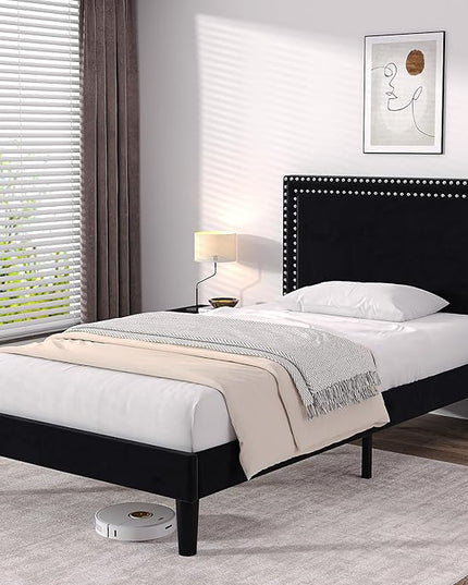 VECELO Twin Size Platform Bed Frame with Adjustable Upholstered Headboard, Modern Mattress Foundation, Strong Wood Slat Support, No Box Spring Needed, Easy Assembly - LeafyLoom