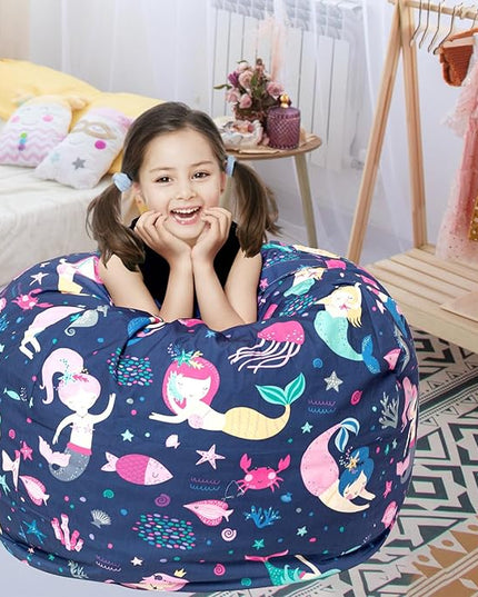 Stuffed Animal Storage Bean Bag Chair Cover, Hold Kids Plush Toys Blankets Towels Beanbag (Cover Only), Canvas Floor Circle Stuff Sit Seat Sofa with YKK Zipper, Extra Large 38", Mermaid - LeafyLoom