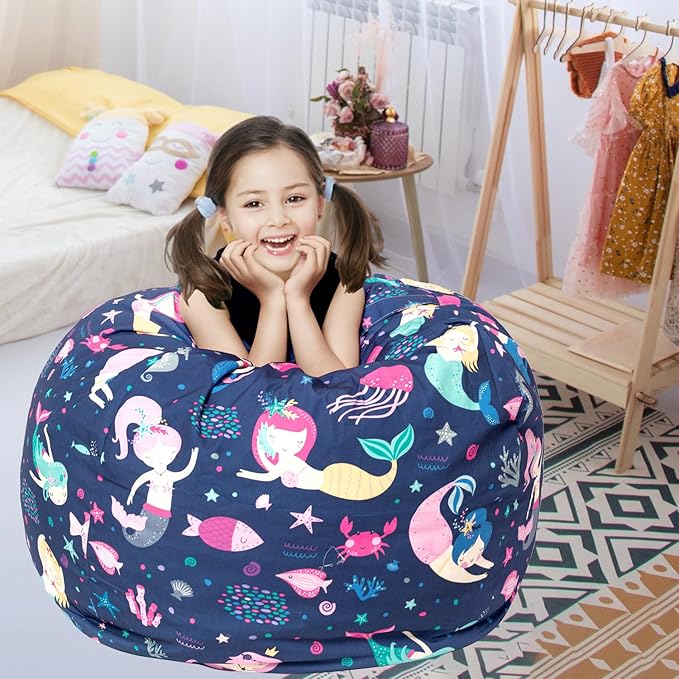 Stuffed Animal Storage Bean Bag Chair Cover, Hold Kids Plush Toys Blankets Towels Beanbag (Cover Only), Canvas Floor Circle Stuff Sit Seat Sofa with YKK Zipper, Extra Large 38", Mermaid - LeafyLoom