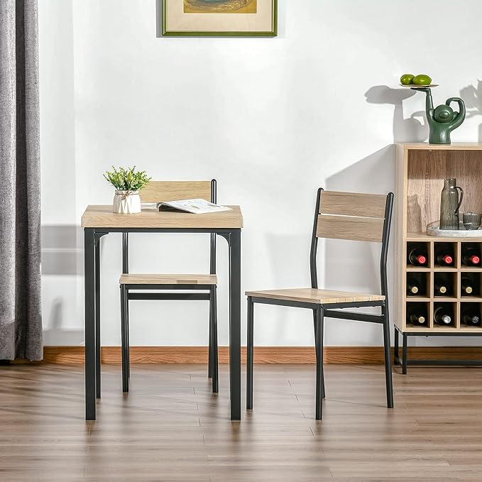 HOMCOM 3 Piece Dining Table Set for 2, Modern Kitchen Table and Chairs, Dining Room Set for Breakfast Nook, Small Space, Apartment, Space Saving, Light Wood Grain - LeafyLoom