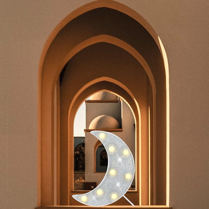 Moon Marquee Lights Ramadan Decoration, Glitter LED Lighted Moon Lamp Bedroom Decoration, Battery Operated Crescent Moon Night Light, Ramadan Mubarak Lights for Home Table Baby Shower Party Decor - LeafyLoom