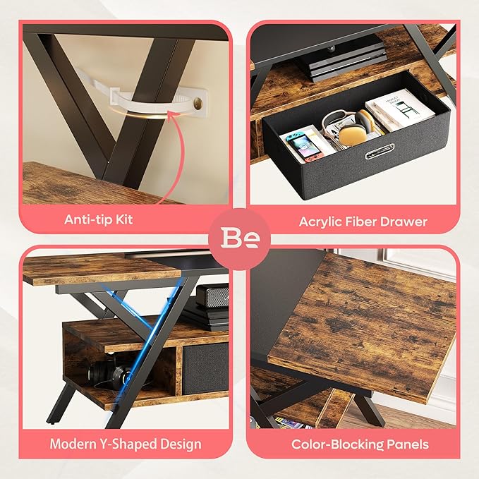 Bestier 70 Inch Gaming Tv Stands for Living Room with Power Outlet for TVs up to 75", Black Entertainment Center with Led Lights for Living Room Bedroom. Rustic Brown - LeafyLoom