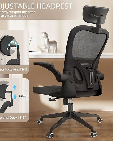 Black Office Chair, Ergonomic Office Chair, Home Office Desk Chair for Big and Tall People, Computer Chair with Adjustable Headrest, Lumbar Support, Flip-Up Arms, PU Wheels - LeafyLoom