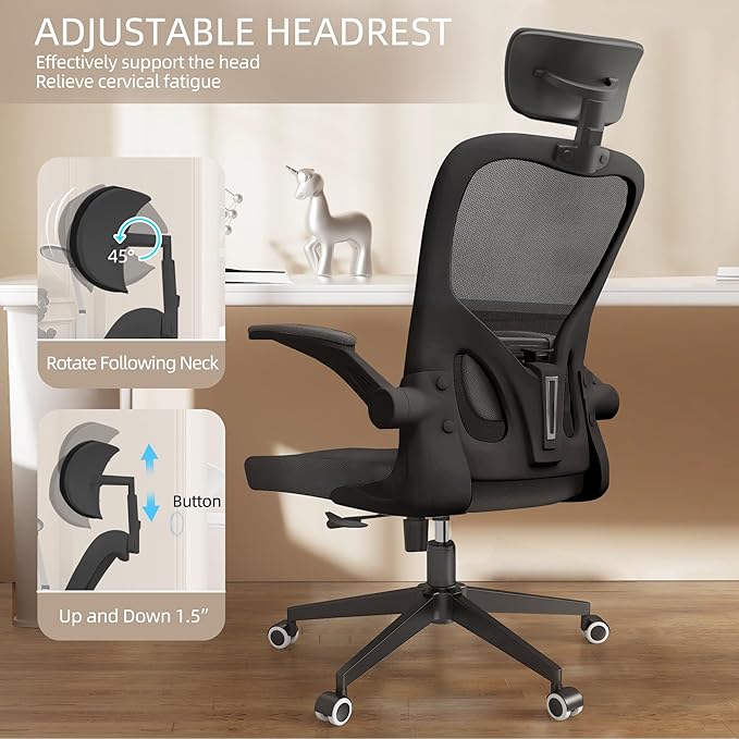 Black Office Chair, Ergonomic Office Chair, Home Office Desk Chair for Big and Tall People, Computer Chair with Adjustable Headrest, Lumbar Support, Flip-Up Arms, PU Wheels - LeafyLoom