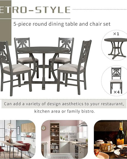 NicBex Dining Room Table Set for 4 Dining Table with Chairs 5-Piece Round Dining Table and 4 Fabric Chairs with Special-Shaped Table Legs and Storage Shelf, Gray - LeafyLoom