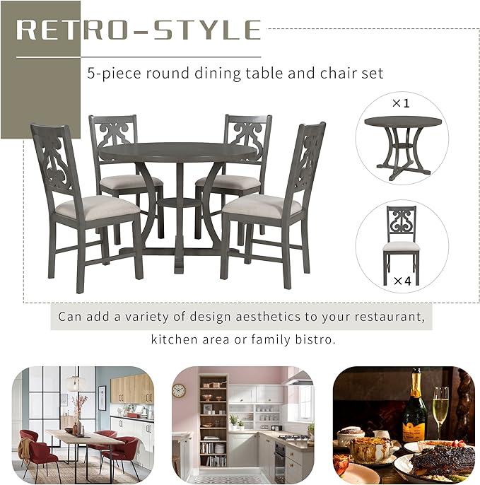 NicBex Dining Room Table Set for 4 Dining Table with Chairs 5-Piece Round Dining Table and 4 Fabric Chairs with Special-Shaped Table Legs and Storage Shelf, Gray - LeafyLoom