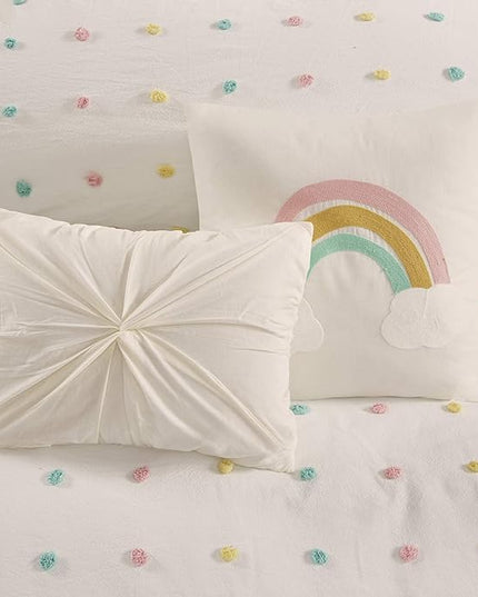 Callie Cotton Jacquard Weave Colorful Pom Pom Kids Comforter sets, Down Alternative Shabby Chic All Season Girls Bedding, Bedroom Decor, Twin/Twin XL, Multi 4 Piece - LeafyLoom