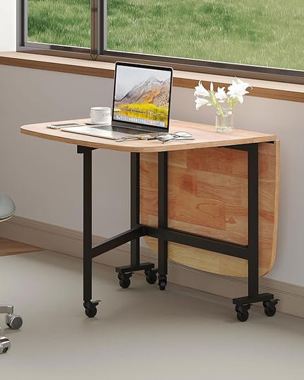 Multifunction Table Drop Leaf Dining Table - 47" Solid Wooden Foldable Kitchen Table with 6 Wheels (Natural) - LeafyLoom