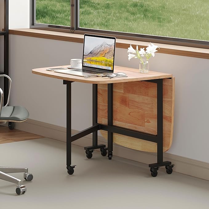 Multifunction Table Drop Leaf Dining Table - 47" Solid Wooden Foldable Kitchen Table with 6 Wheels (Natural) - LeafyLoom