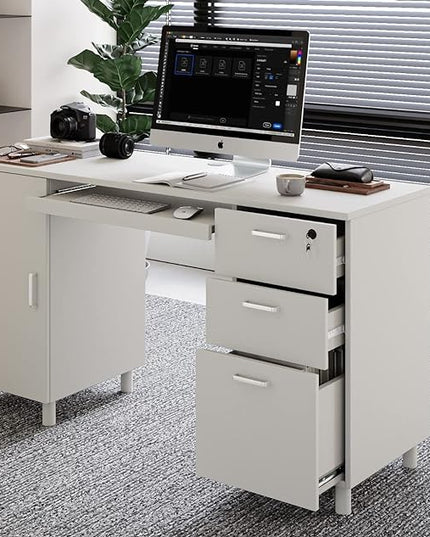 Modern Design By Crafts & comfort Venice Computer Desk - Office Desk with 3 Drawers & CPU Storage Cabinet - Laptop Workstation with Keyboard Tray & Cable Hole - Home & Office Supplies -White - LeafyLoom