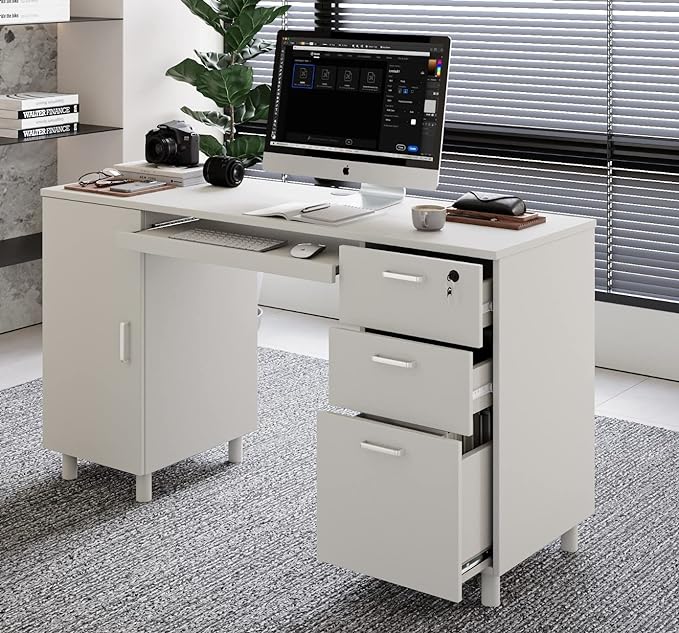 Modern Design By Crafts & comfort Venice Computer Desk - Office Desk with 3 Drawers & CPU Storage Cabinet - Laptop Workstation with Keyboard Tray & Cable Hole - Home & Office Supplies -White - LeafyLoom