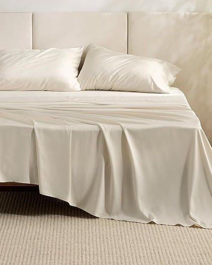 Bedsure King Size Sheet Set, Cooling Sheets King, Rayon Derived from Bamboo, Deep Pocket Up to 16", Breathable & Soft Bed Sheets, Hotel Luxury Silky Bedding Sheets & Pillowcases, Light Beige - LeafyLoom