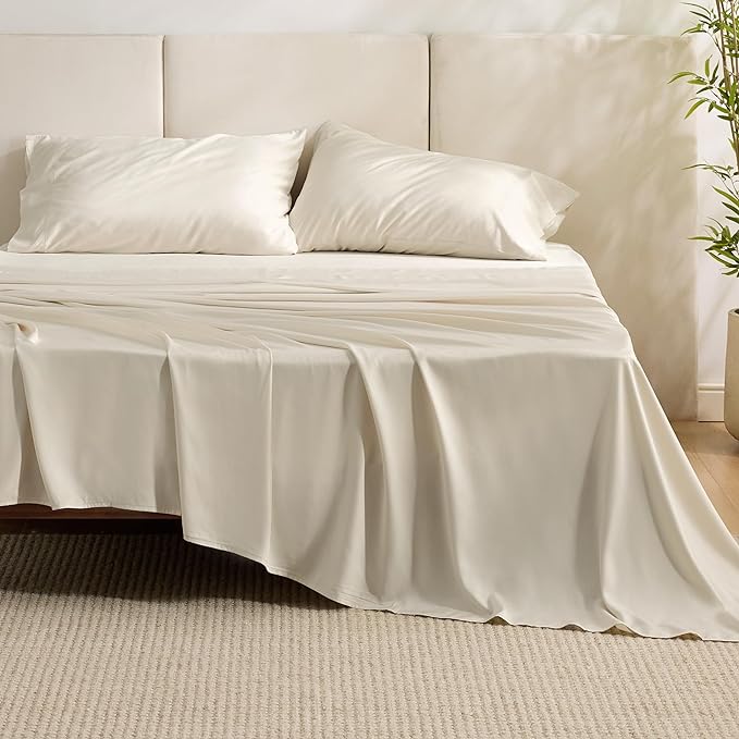 Bedsure King Size Sheet Set, Cooling Sheets King, Rayon Derived from Bamboo, Deep Pocket Up to 16", Breathable & Soft Bed Sheets, Hotel Luxury Silky Bedding Sheets & Pillowcases, Light Beige - LeafyLoom