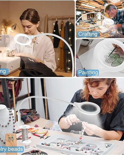 26" Gooseneck Magnifying Lamp with Clamp, 5 Color Modes Stepless Dimmable LED Desk Light with Magnifying Glass, 8X Real Glass Lighted Magnifier Hands Free for Painting Close Work Craft Hobby - LeafyLoom