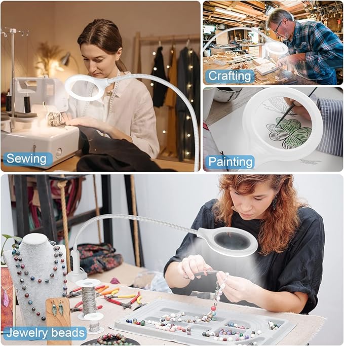 26" Gooseneck Magnifying Lamp with Clamp, 5 Color Modes Stepless Dimmable LED Desk Light with Magnifying Glass, 8X Real Glass Lighted Magnifier Hands Free for Painting Close Work Craft Hobby - LeafyLoom